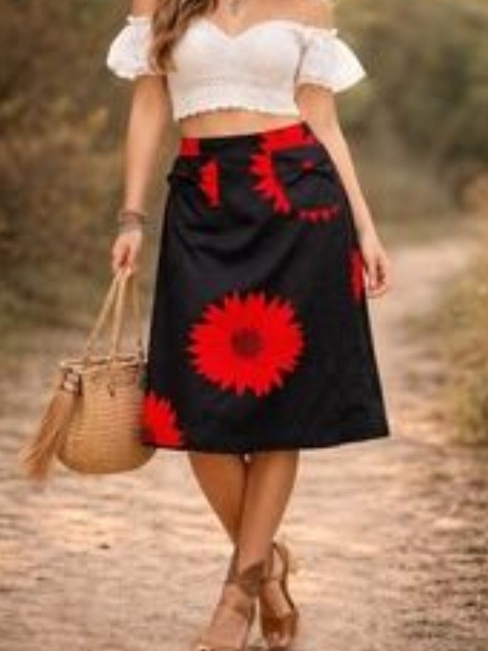 Grace Black Midi Skirt with Red Floral Sunburst